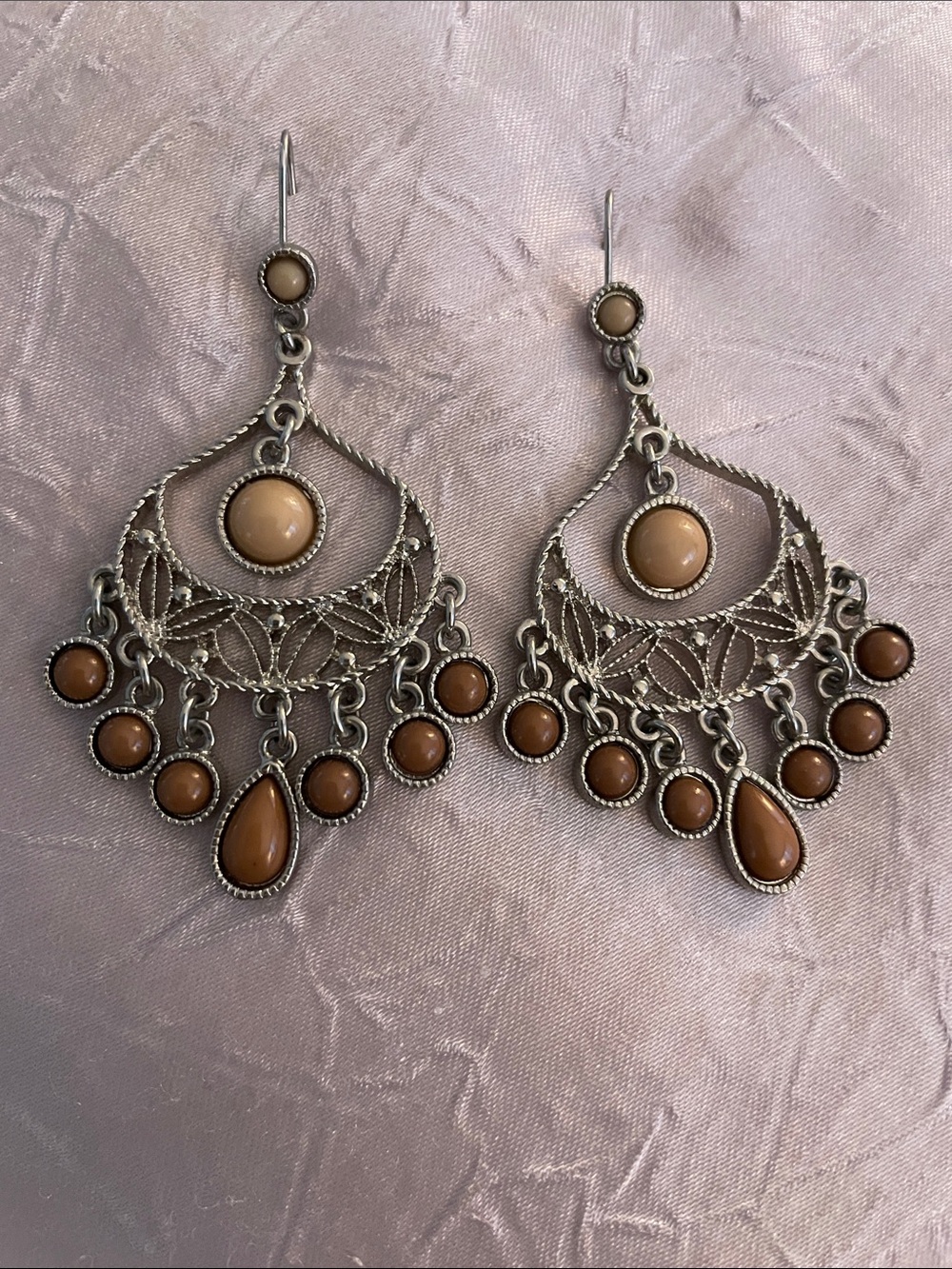 Vintage Chandelier Tan, Brown, and Silver Earring Set
